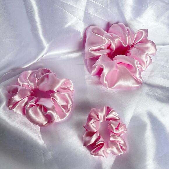 3 New Pink Satin Scrunchies Hair Tie XLarge, Large, Small Set - Picture 5 of 16